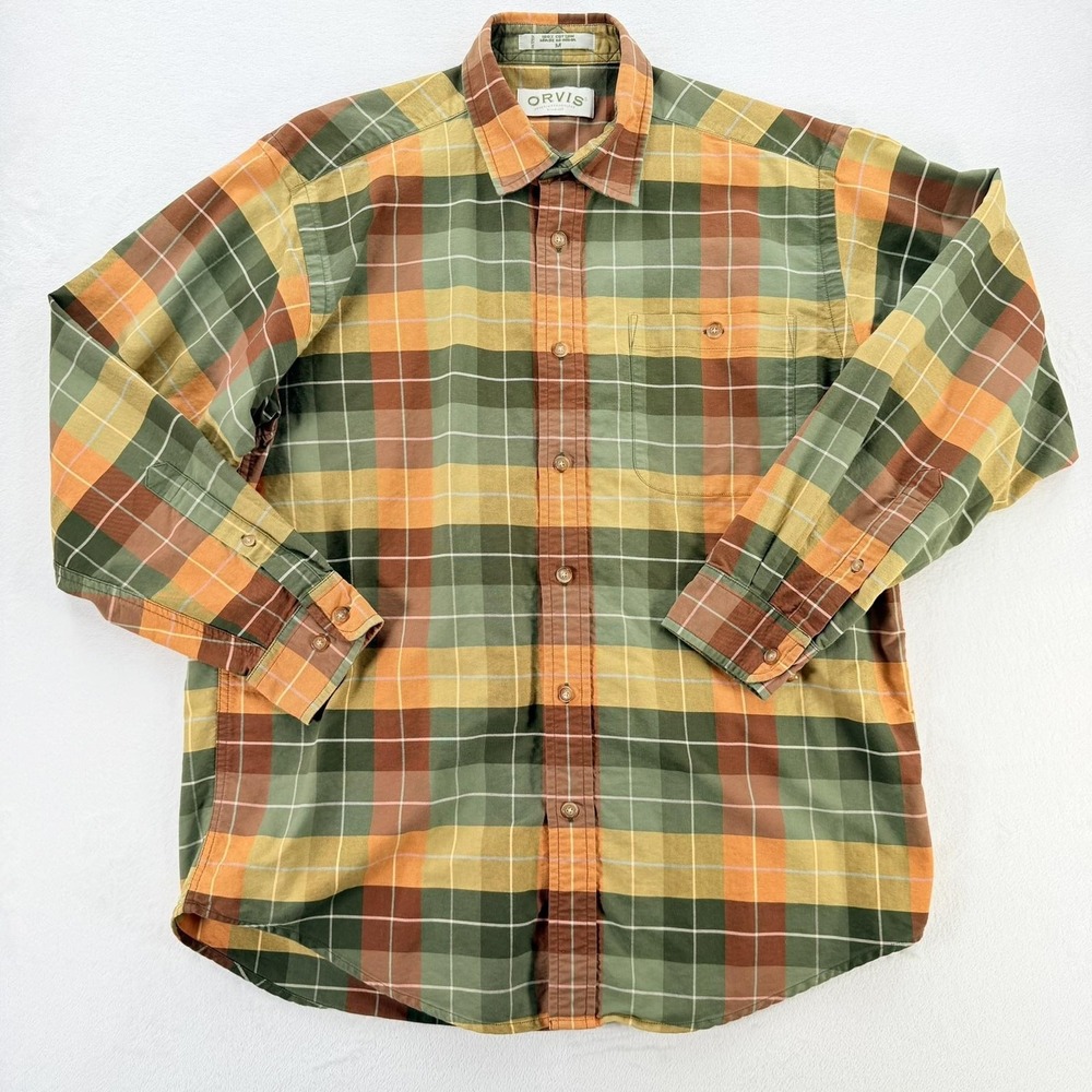 Orvis Shirt Mens Medium Yellow Brown Plaid Button Up Long Sleeve Casual Fall